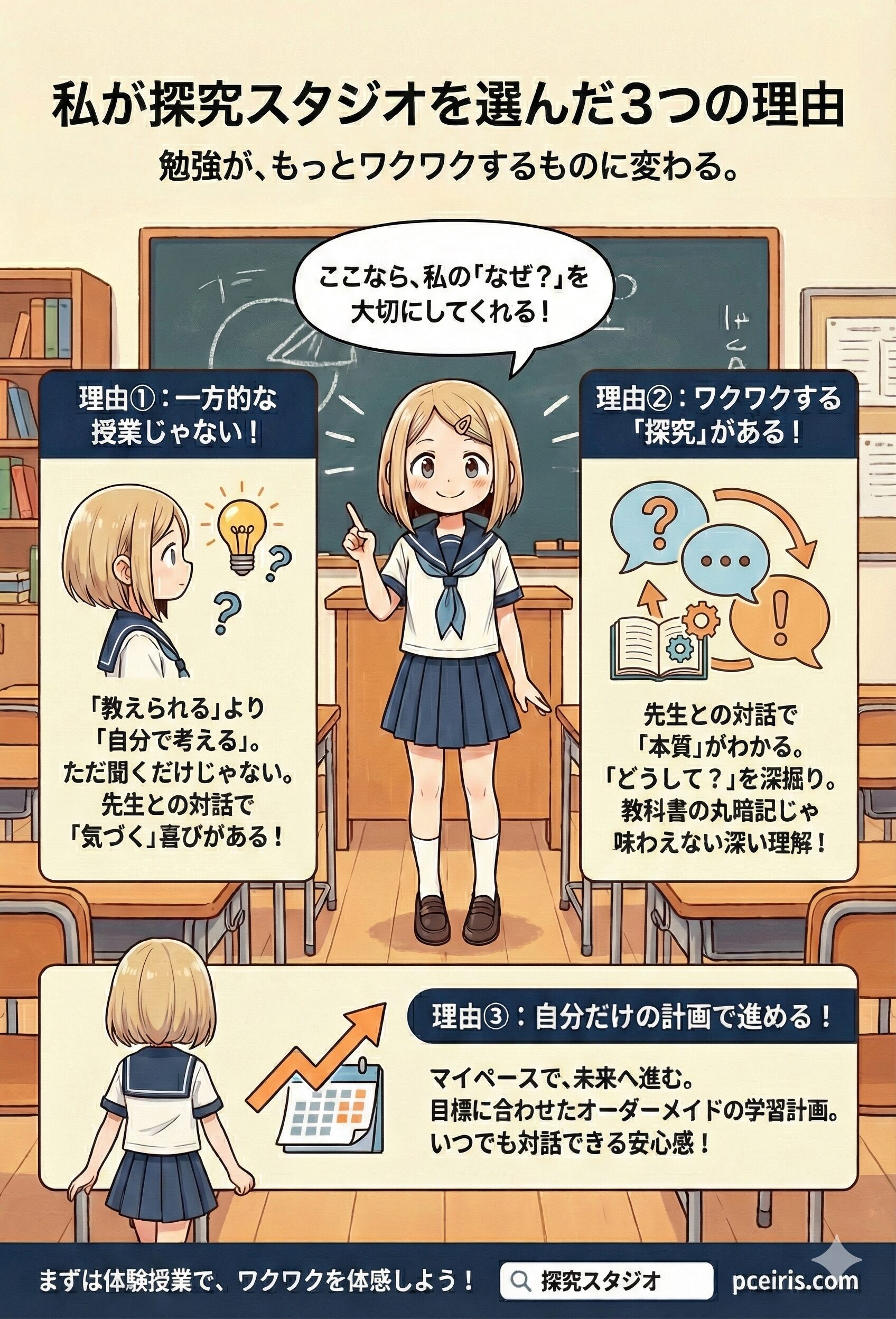 なぜ勉強がワクワクするものに変わるのか？3つの理由を示した対話型指導のインフォグラフィック