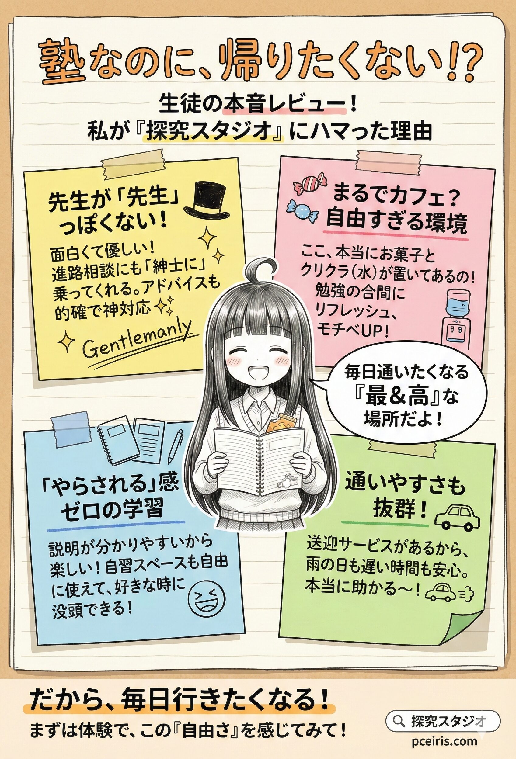 カフェのように自由で、お菓子や送迎サービスも完備された没頭できる学習環境のインフォグラフィック